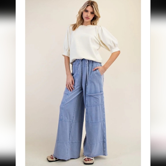 easel Pants - Easel Los Angeles Blue 100% Cotton Terry Knit Wide Leg Cargo Pants Boutique
